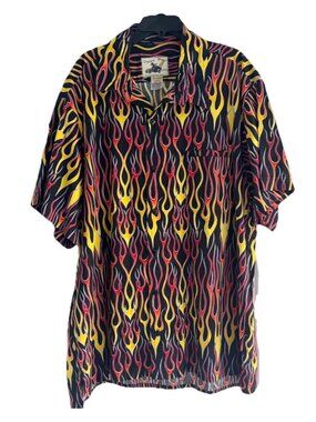 Vintage Cruzin Wear Men's Sz 3XL Black Orange Flames Hawaiian Button Up Shirt